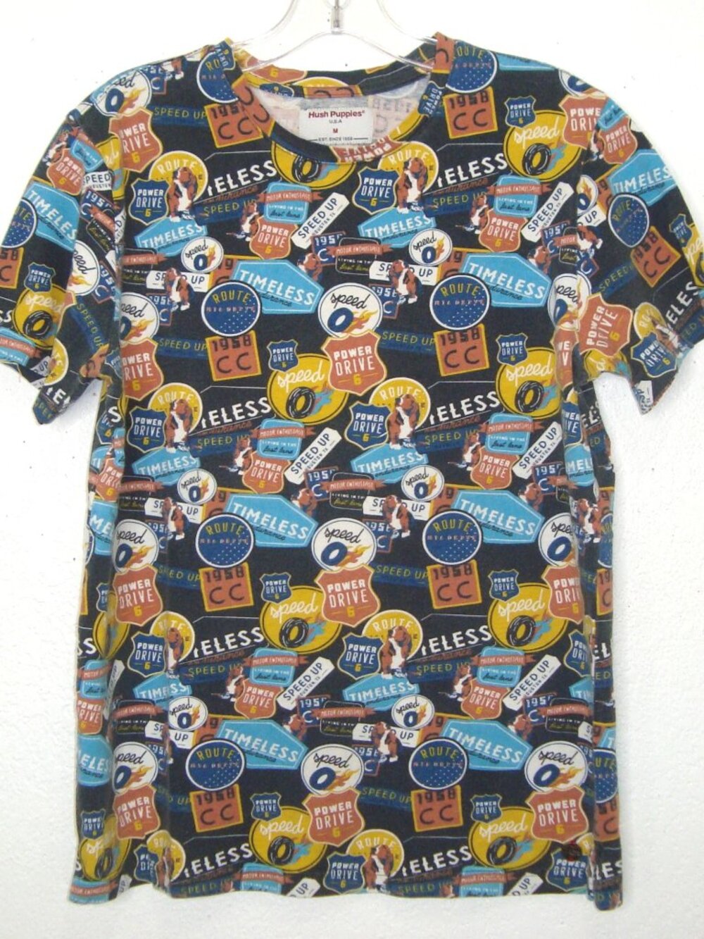 Vintage Hush Puppies Retro Automotive Allover Print T-Shirt Americana Route 66